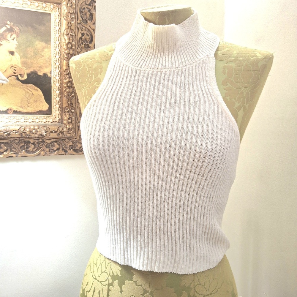 Women's Ribbed Mock Neck Halter Tank Top - White